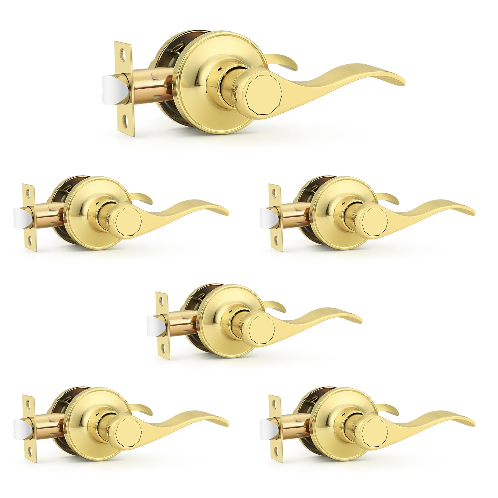 Probrico Door Handles Interior, Polished Brass Passage Door Lever, Closet Hallway Door Handle Lock Wave Style, 6 Pack Image