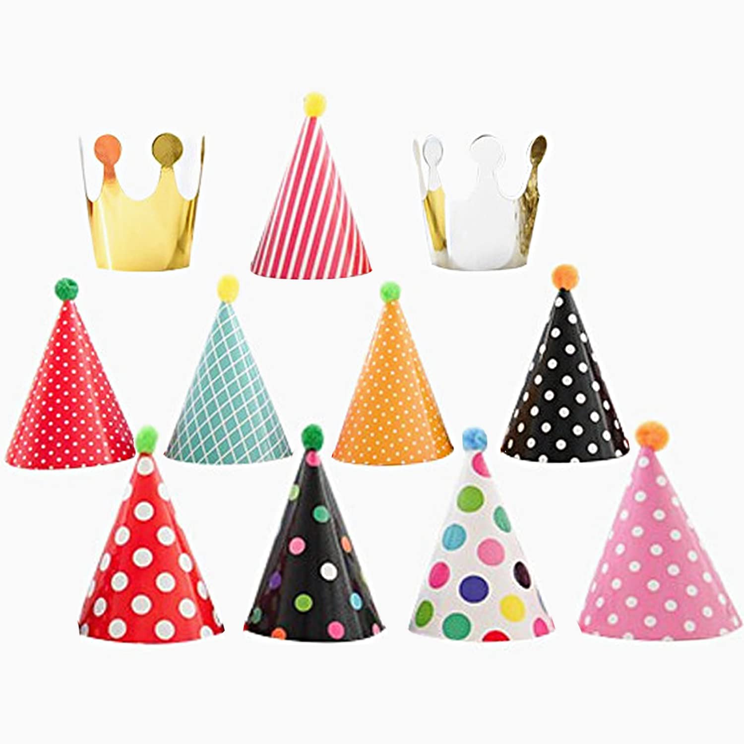 SSKHE 11 Pcs Party Hats Set Party Cone Paper Hats Pom Poms Mini Birthday Crown Hats for Children Adults