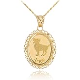 Fine 10k Yellow Gold Filigree-Style Oval Frame Aries Zodiac Sign Pendant Necklace