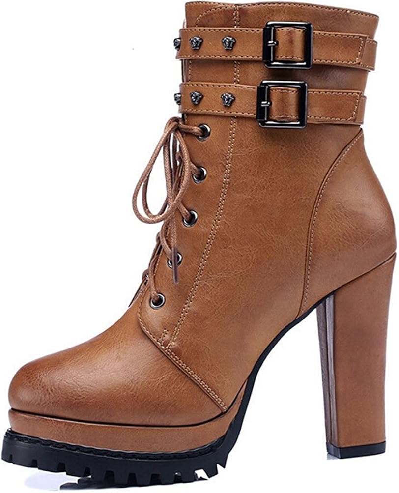 EarLene Women High Heel Motorcycle Boots Ankle Short Lace