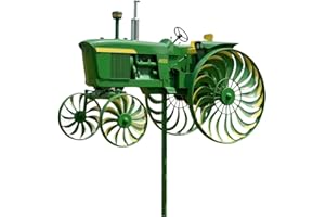 Garden Wind Spinner, Green Tractor Windmill Stake with Rotating Wheels, Outdoor Yard Sculpture Decor Ornament Gift for Friend