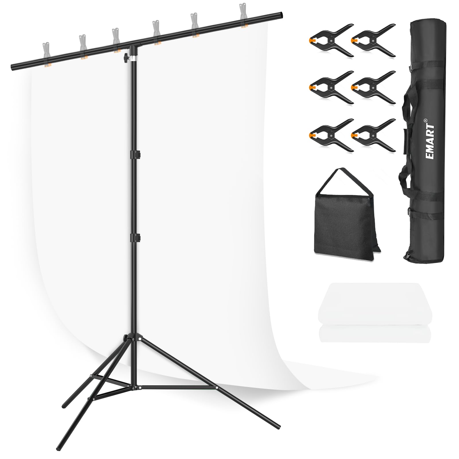 EMART White Backdrop with Stand, 1.5x2m Photography Screen with 2x2m Background Frame Kit for Photo Video Studio, include 6 Spring Clamps and 1 Sandbag
