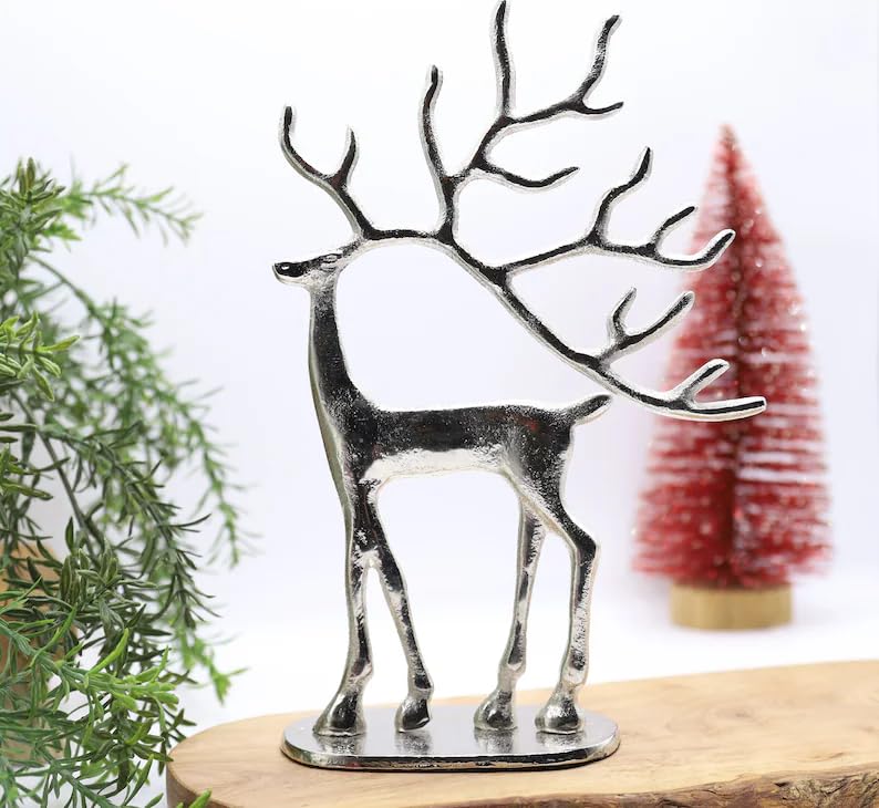 Fyne-Finds Silver Aluminium Deer Antler 33cm Christmas Home Decor Reindeer Statue Large Ornament Xmas Gift