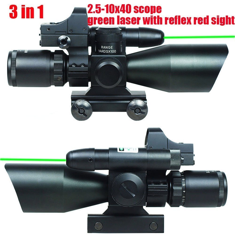UUQ 2.510x40 Clarity+ Combo Rifle Scope Dual Illuminated Mildot W/Green Laser and Mini Reflex