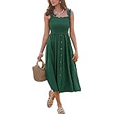 CUPSHE Women's Summer Smocked Midi Dress Sleeveless Square Neck Cami Dress Vacation Button Flowy Long Sundress