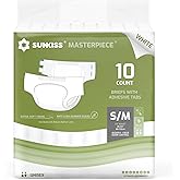 SUNKISS Masterpiece Adult Diapers with Tabs, Unisex Disposable Incontinence Briefs for Women and Men, Odor Control, White, Small/Medium, Previously Medium, 10 Count