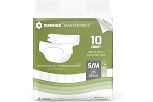 SUNKISS Masterpiece Adult Diapers with Tabs, Unisex Disposable Incontinence Briefs for Women and Men, Odor Control, White, Small/Medium, Previously Medium, 10 Count