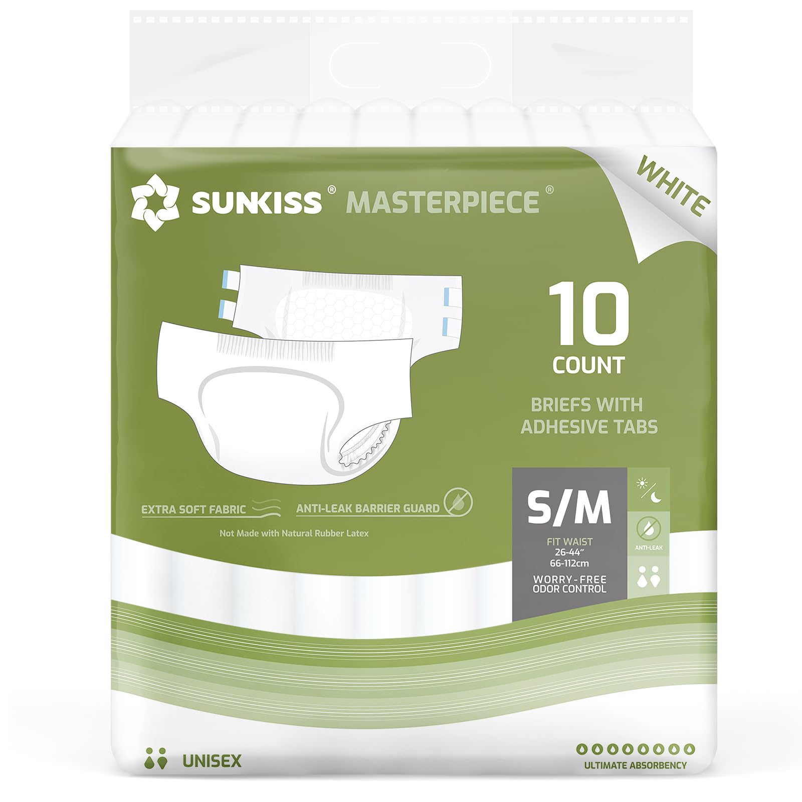Photo 1 of 1 pack SUNKISS Masterpiece Adult Diapers with Tabs, Unisex Disposable Incontinence Briefs for Women and Men, Odor Control, White, Small/Medium, 10 Count