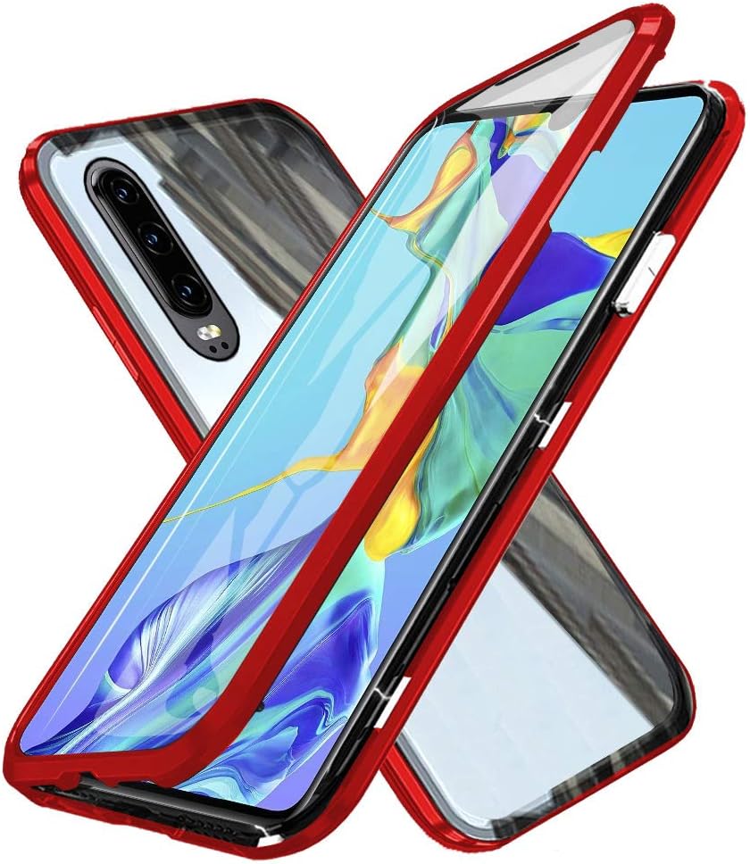 Oihxsetx Compatible for Huawei P30 Pro Magnetic Adsorption Double Side Tempered Glass Case,Ultra-Thin Magnetic Metal Frame Full Body Protection Cover Support Wireless Charging -Red
