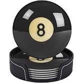 sunwarshile Black 8 Billiard Coasters for Drinks with Holder Round Leather Coasters Set of 6 Cups Mugs Mat Pad for Home Kitchen Bar