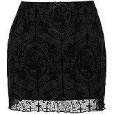 Sunidol Womens Mesh Bodycon Mini Skirt High Waist Velvet Lace Jacquard Double Layered Y2K Gothic Short Skirt