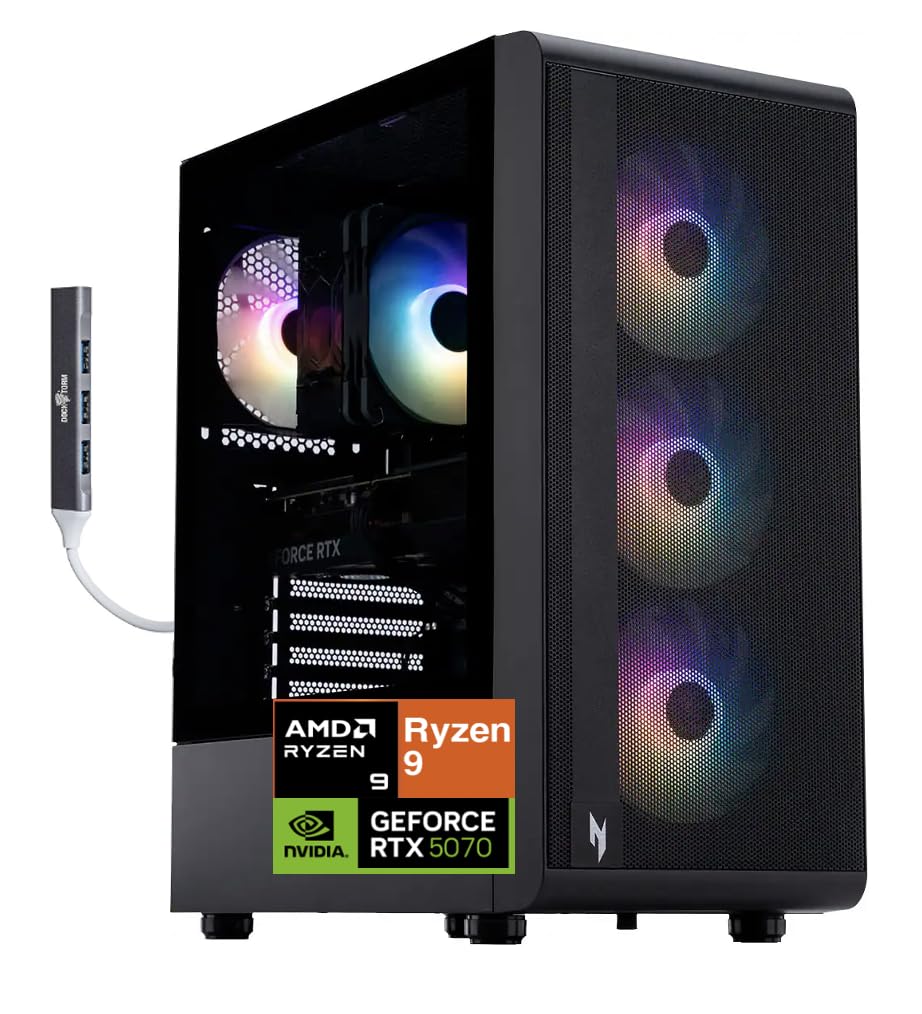 acer Nitro 60 Gaming Desktop PC (AMD Ryzen 9 7900 12-Core, GeForce RTX 5070 12GB GDDR7 (988 AI Tops), 32GB DDR5, 1TB SSD, Win 11 Home) WiFi 6 + BT, Ethernet, w/DKZ USB Port Expander