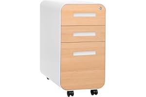 Laura Davidson Furniture Stockpile Slim 3-Drawer Mobile File Cabinet with Lock - Under Desk Metal Filing Cabinet, Legal/Letter File Folders, Wheels & Stationary Feet, Assembled, White/Wood Faceplate