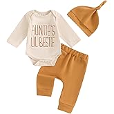 SAYOO Aunties Bestie Baby Clothes Gender Neutral Unisex Funny Letter Bodysuit Romper Solid Leggings Pants Hat 3Pcs Outfits