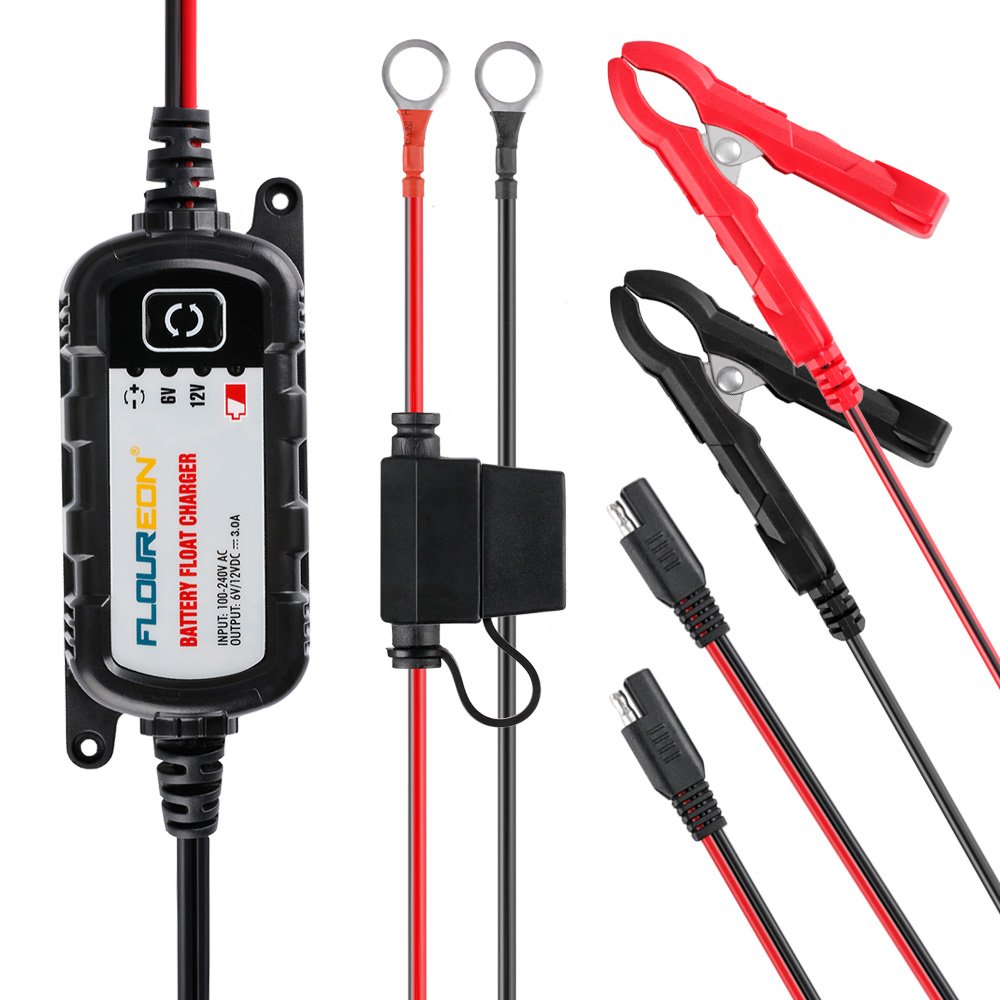 FLOUREON 6V/12V 3Amp Automatic Trickle Battery Charger/Maintain Car Charger Maintainer with LED Indicators Auto Trickle Charging for Automotive Vehicles Lawn Mower Boats RV AGM Gel Lead Acid Batteries