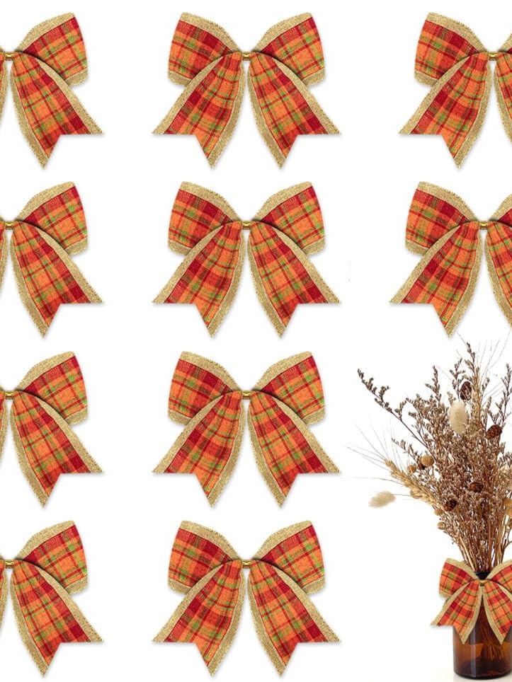 Photo 1 of 10 Pcs Fall Bows for Wreath, Orange Buffalo Plaid Bows, Wreath Ornaments Fall Decor, Decorative Small Burlap Bows for Thanksgiving Dinner Party Supplies