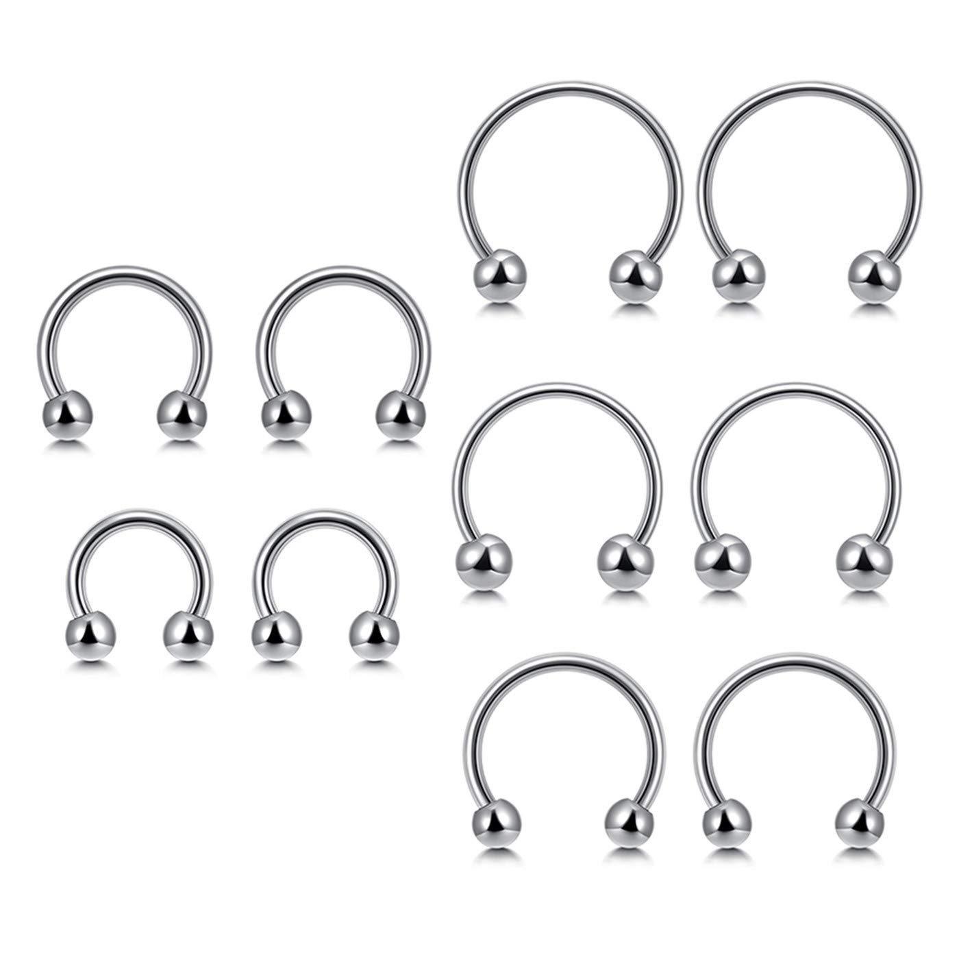 JSDDE 10pcs 16G Stainless Steel Horseshoe Nose Ring Hoop Circular Barbell Septum Lip Piercing Cartilage Earrings 6mm-14mm Silver