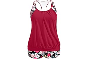 Holipick Plus Size Tankini Swimsuit for Women Two Piece Tummy Control Bathing Suit Blouson Racerback Tankini Top with Shorts