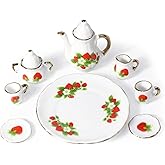 Miniature Tea Set 1/6 Scale Dollhouse Accessories Porcelain, Strawberry | 8Pcs tea cup teapot plate dish ceramics sets for doll house kitchen dinning room decoration, fairy tea party or art project