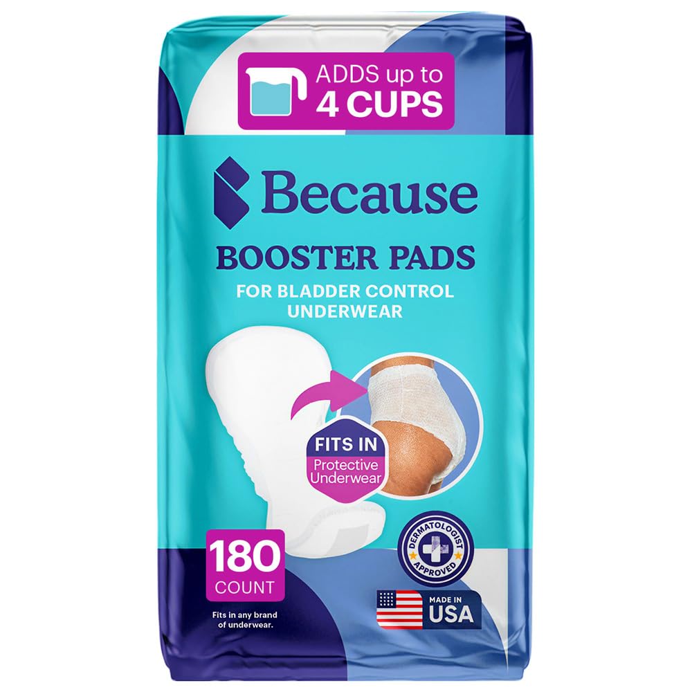 Photo 1 of Because Overnight Incontinence Booster Pads for Men and Women, Adds 4 Cups Extra Absorbency to Adult Diapers, Super Soft, Adhesive Strip Backing, Unisex, 180 Count (9 Packs of 20)