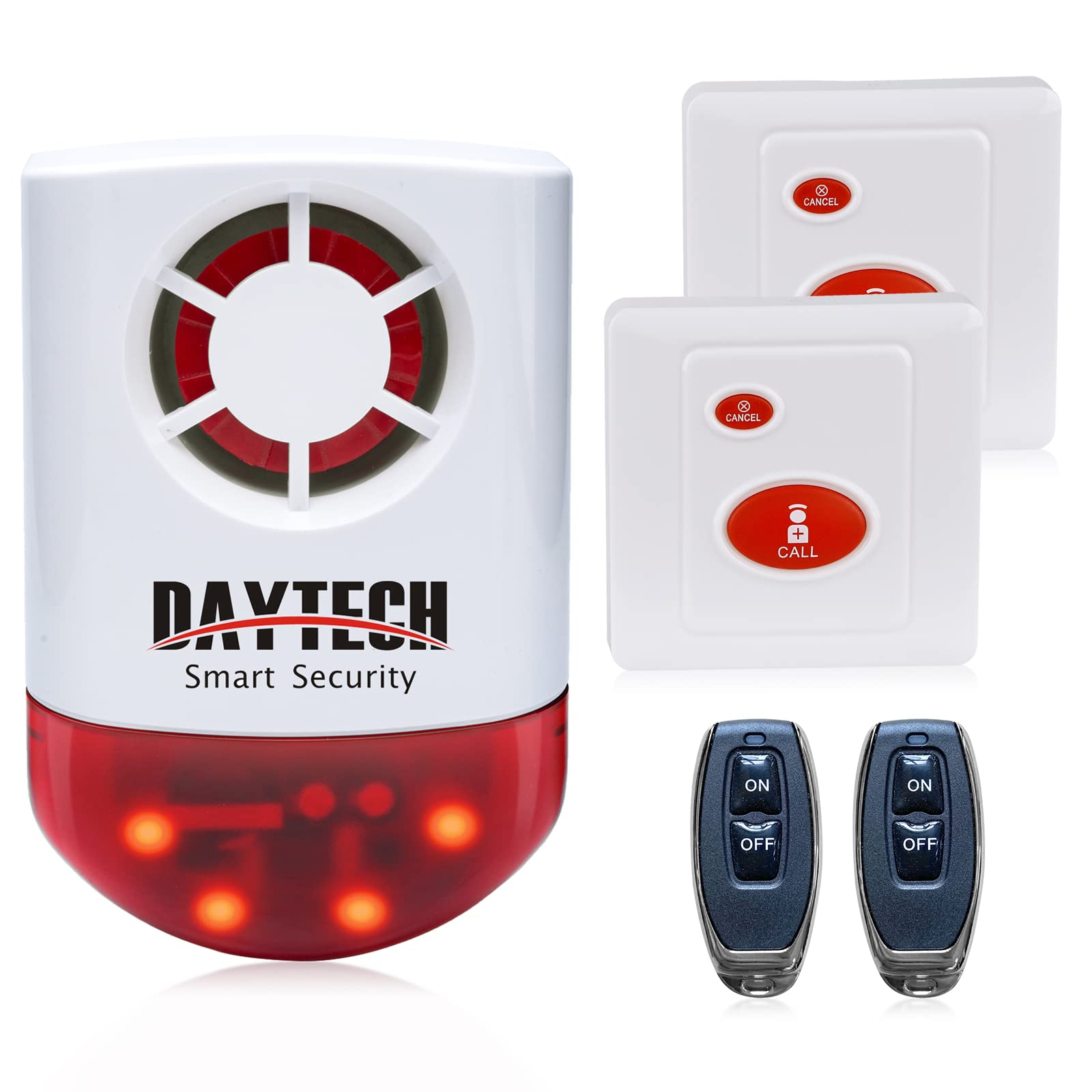 Daytech Wireless Security Alarm System with Strobe Siren - Panic Buttons & SOS Alert for Home, Retail Stores (2 Remotes + 2 Buttons, Loud 120dB, Weatherproof)