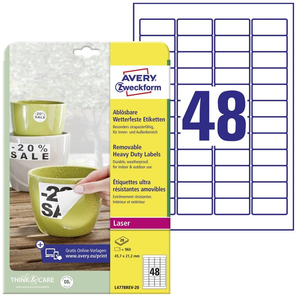 AVERY Zweckform L4778REV-20 Weatherproof Film Labels (960 Stickers, 45.7 x 21.2 mm on A4, Self-Adhesive, Waterproof, Removable, Durable, Printable Outdoor Adhesive Film), 20 Sheets, White