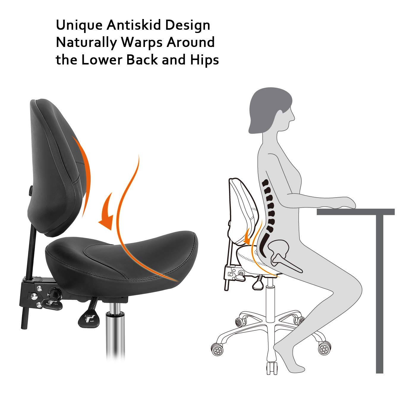Saddle Stool Chair with Back Support, Heavy-Duty(350LBS), Hydraulic Rolling Swivel Adjustable Stool Chair for Salon Spa Beauty Massage Dental Clinic Home Office Use(Black): Beauty