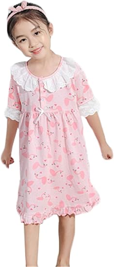 Amazon グードコ キッズ パジャマ ワンピース 半袖 女の子 ロングシャツ ルームワンピース 子供パジャマ ナイトドレス 肌着 フリル 部屋着 かわいい パジャマ 通販