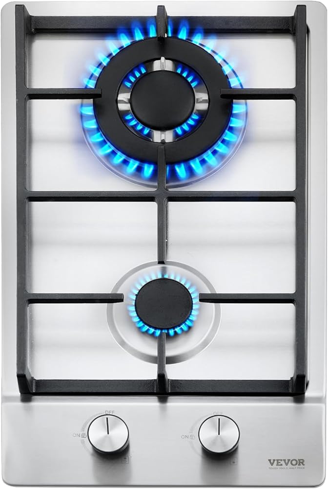 VEVOR Gas Cooktop 12 inch, Max 12250BTU 2 Burners Built-in Stainless Steel Gas Stove Top, LPG/NG Convertible Dual Fuel Natura