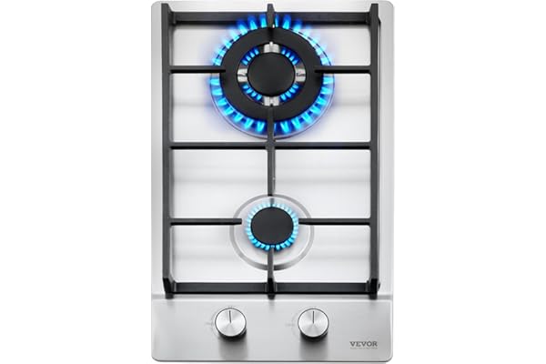 VEVOR Gas Cooktop 12 inch, Max 12250BTU 2 Burners Built-in Stainless Steel Gas Stove Top, LPG/NG Convertible Dual Fuel Natural Gas Hob with Thermocouple Protection for Outdoor, Kitchen, Camping, RV