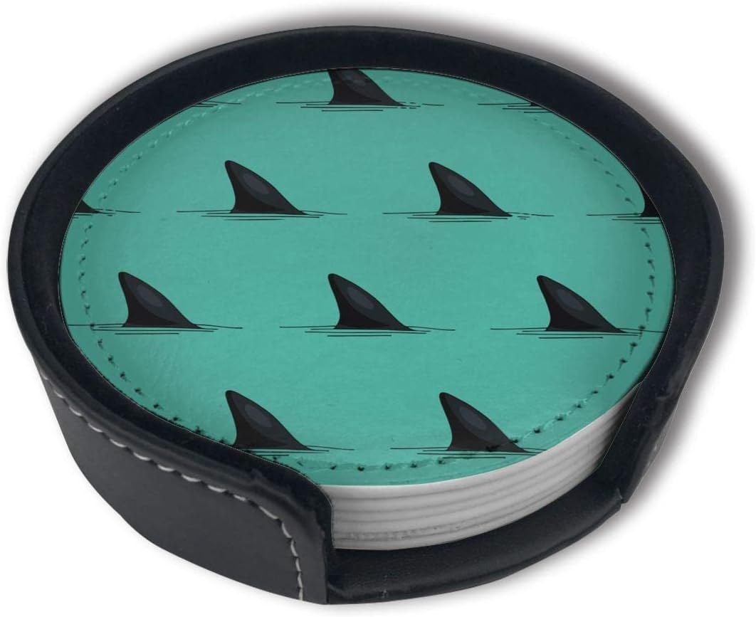6-Pack Drink Coaster Set With Holder,Absorbent Leather Coaster Set,Seamless Shark Fins Pattern