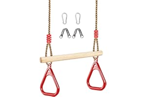 LadyRosian Wooden Trapeze Swing Bar, Adjustable Height Swing Set, Gym Rings, Playground Attachments, 16.5" Monkey Bar for Backyard, Playground, Playroom (Red)
