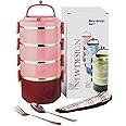 SANQIAHOME 4 Tier Stackable Stainless Steel Lunch Box Sealed(pink, 4 layers) with spoon and fork