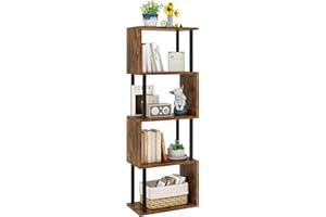 IBUYKE 5-Tier Tall Bookshelf,S-Shaped Geometric Bookcase, Wood Display Shelves with Storage,Industrial Bookshelf for Living R