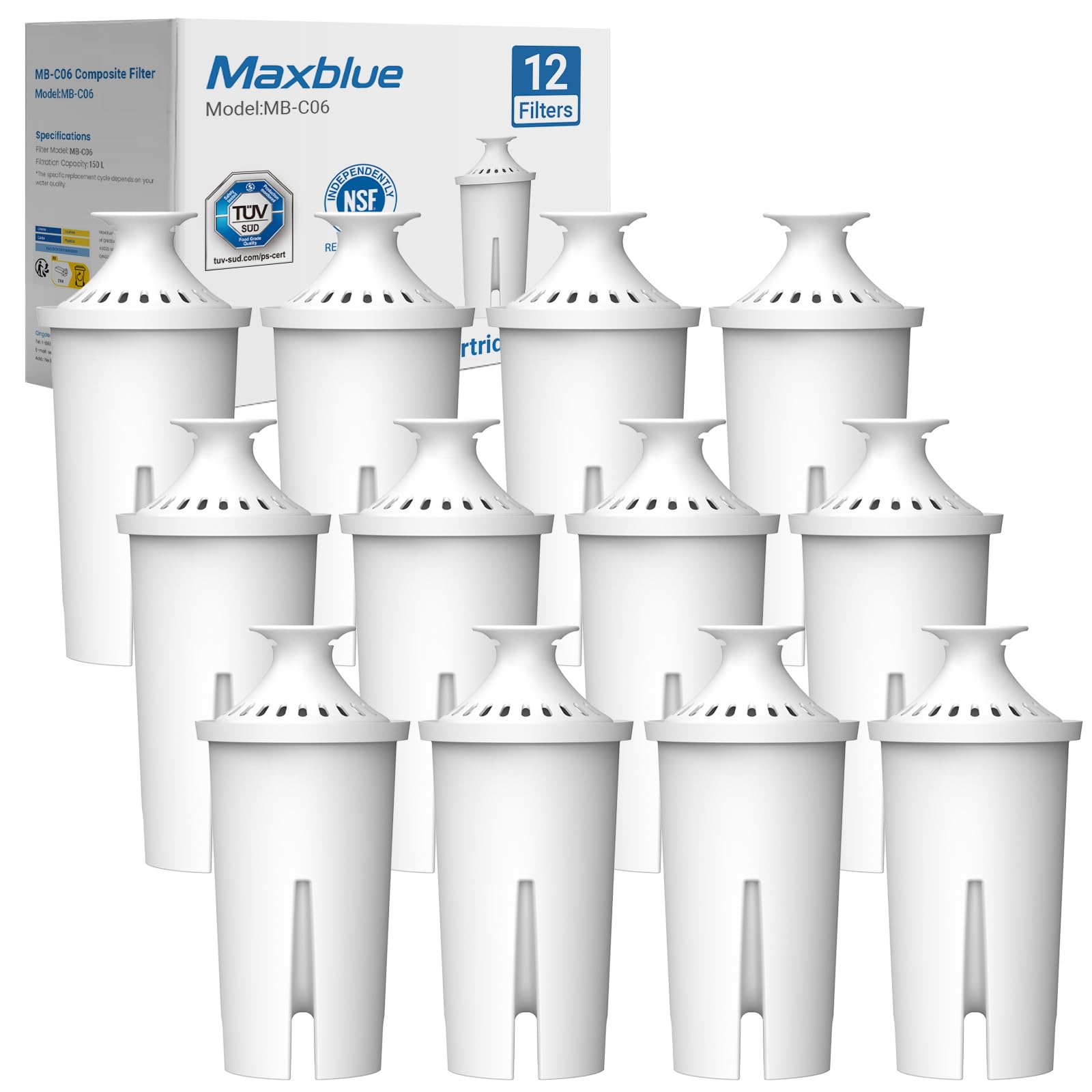 Maxblue Water Filter Cartridge, Replacement for Brita® Classic, Mavea® 107007, Aqua Optima® RUF916, TÜV SÜD, NSF Certified, 12 Packs (Package May Vary)