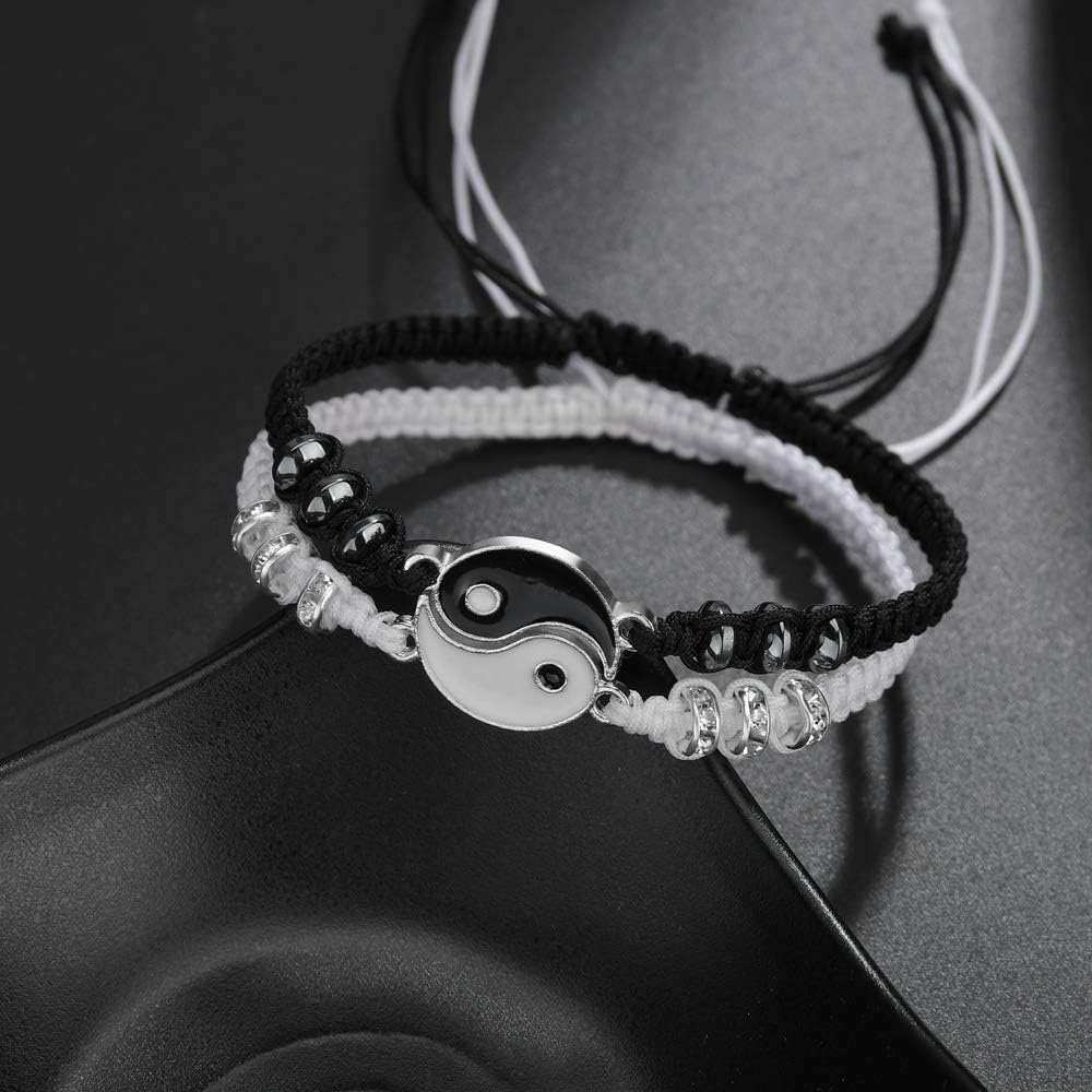 Best Friend Bracelets for 2 Matching Yin Yang Adjustable Cord Bracelet for Bff Friendship Relationship Boyfriend Girlfriend Valentines Gift: Clothing