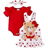 FOCICI Baby Girl Clothes Newborn Suspender Skirt Short Sleeve Ruffle Romper + Cute Love Bear Dress + Bow Headband 0-18 Months