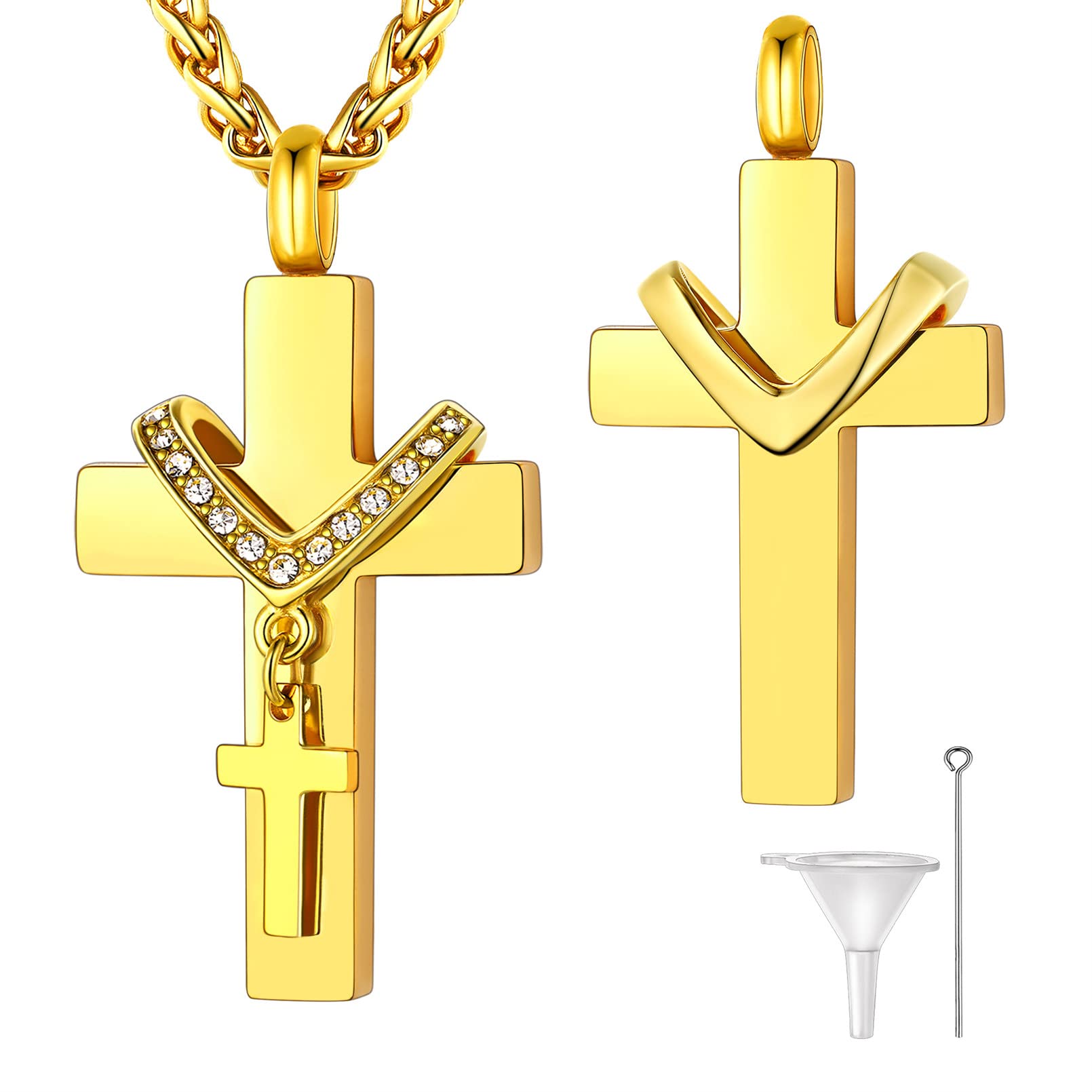 Supcare Gold Urn Necklace Ash Dual Cross Crystal Pendant Jesus God Protection Memorial Loss of Dad Funeral Jewellery
