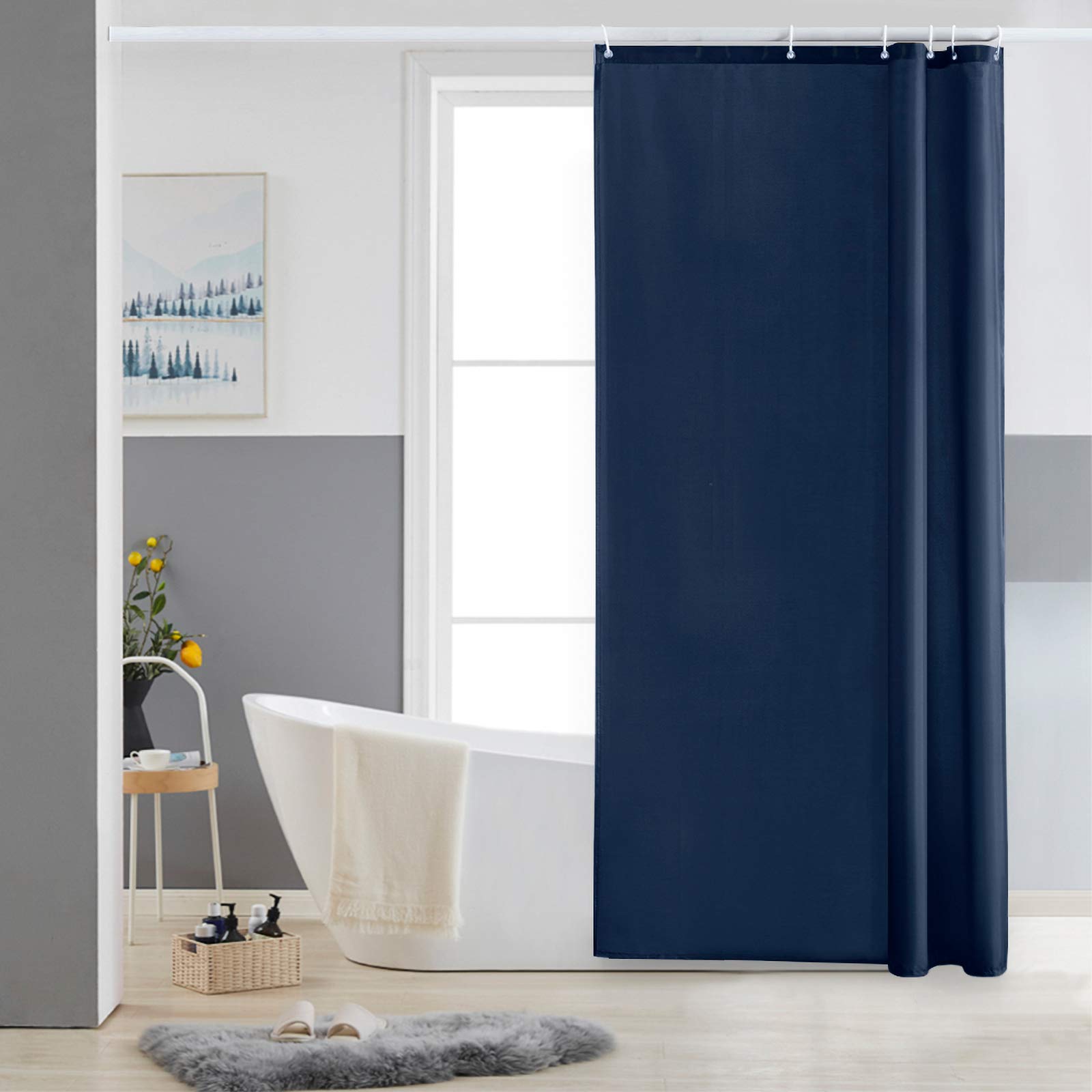 Furlinic Shower Curtain Mould Proof Resistantand Waterproof Washable Polyester Fabric Navy Bath Curtains with Weight Tape 6 Hooks for Wetroom 33x72 Inch.