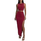 ELLEVEN Sexy 2 Piece Maxi Skirt Sets for Women - Knit Bodycon Crop Tank Top and High Slit Skirt Dress Set, Summer Outfits