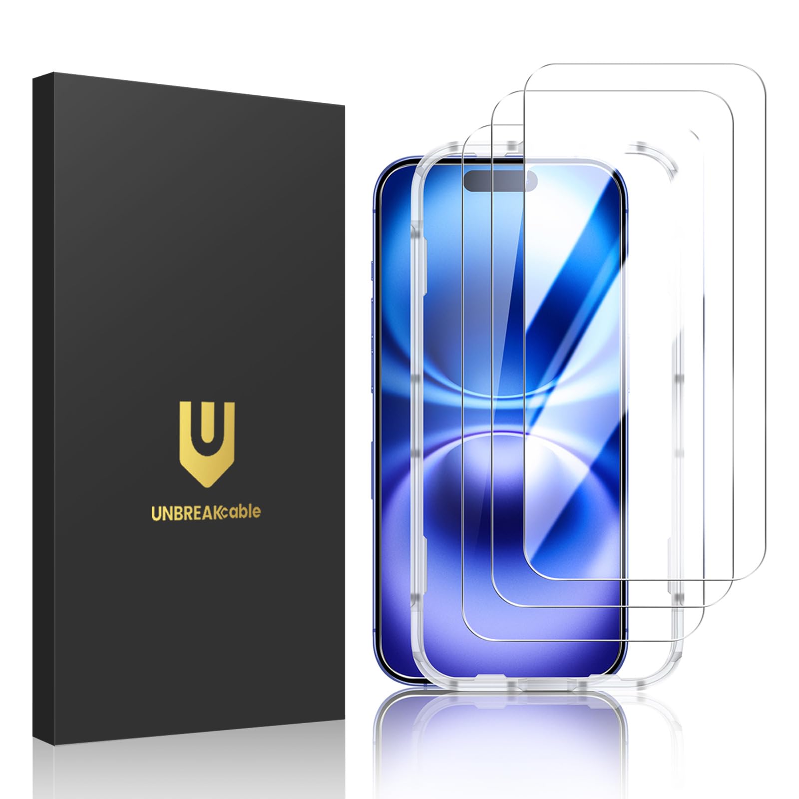 Photo 1 of UNBREAKcable 3-Pack Screen Protector for iPhone 16, Double Shatterproof Tempered Glass [Easy Installation Frame] [9H Hardness] [99.99% HD Clear] [Case Friendly] for iPhone 6.1 inch