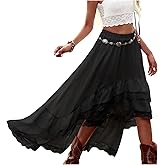 Yimoon Womens Western Boho Maxi Skirt Asymmetrical Lace Ruffle Long Skirt Flowy Country Cowgirl Skirts(Black-M)