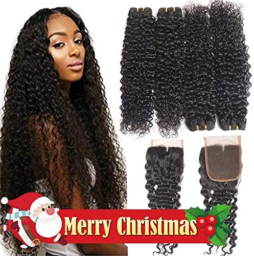 10A Brazilian Human Hair 4 Bundles with Closure Bundles Water Wave Hair with 4x4 Middle Part Closure Resaca Unprocessed Virgin Human Hair (24 26 28 30 with 20 Lace Closure, Natural Black)