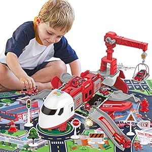 Hiveseen-Transport-Plane-Carrier-Truck-Car-Toy-Set-with-Play-Mat-6-Mini-Alloy-Diecast-Fire-Fighting-Trucks-11-Road-Signs-Music-and-Light-Transport-Cargo-Airplane-for-Kids-3-12-Years-Old Hiveseen Transport Plane, Carrier Truck Car Toy Set with Play Mat, 6 Mini Alloy Diecast Fire Fighting Trucks, 11 Road Signs, Music and Light, Transport Cargo Airplane for Kids 3-12 Years Old