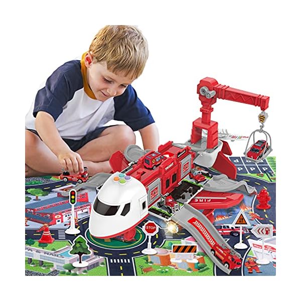 Hiveseen-Transport-Plane-Carrier-Truck-Car-Toy-Set-with-Play-Mat-6-Mini-Alloy-Diecast-Fire-Fighting-Trucks-11-Road-Signs-Music-and-Light-Transport-Cargo-Airplane-for-Kids-3-12-Years-Old Hiveseen Transport Plane, Carrier Truck Car Toy Set with Play Mat, 6 Mini Alloy Diecast Fire Fighting Trucks, 11 Road Signs, Music and Light, Transport Cargo Airplane for Kids 3-12 Years Old