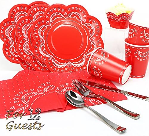 Luxcathy 12 Guest Served Disposable Doily Lace Party Tableware Pack for Birthday and Celebrations - Plates, Cups, Cake Wrappers, Napkins and Cutlery Set (Red)