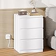 Rovaurx White Nightstand with 3 Drawers, End Side Table with Charging Station, Night Stand with Cut-Out Handle and Metal Slides, Modern Sofa Bedside Table for Bedroom, Home Office, RCTG113WE