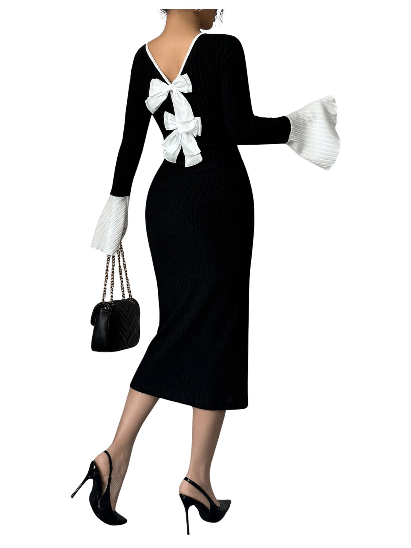 Photo 1 of GORGLITTER Women's Bow Tie Open Back Bodycon Midi Dress Wedding Guest Flare Sleeve Elegant Slip Dresses Black and White Small