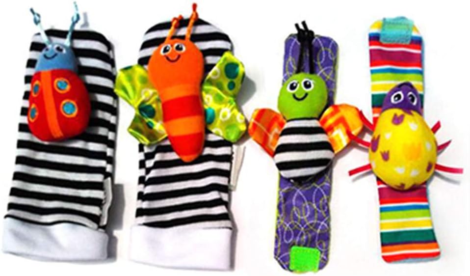 Rlock 4pcs Colorful Newborn Baby Infant Toys 0-12 Months Soft Hand Wrist Strap Rattles Handbells Animal Plush Foot Socks Finders Stuffed Toys