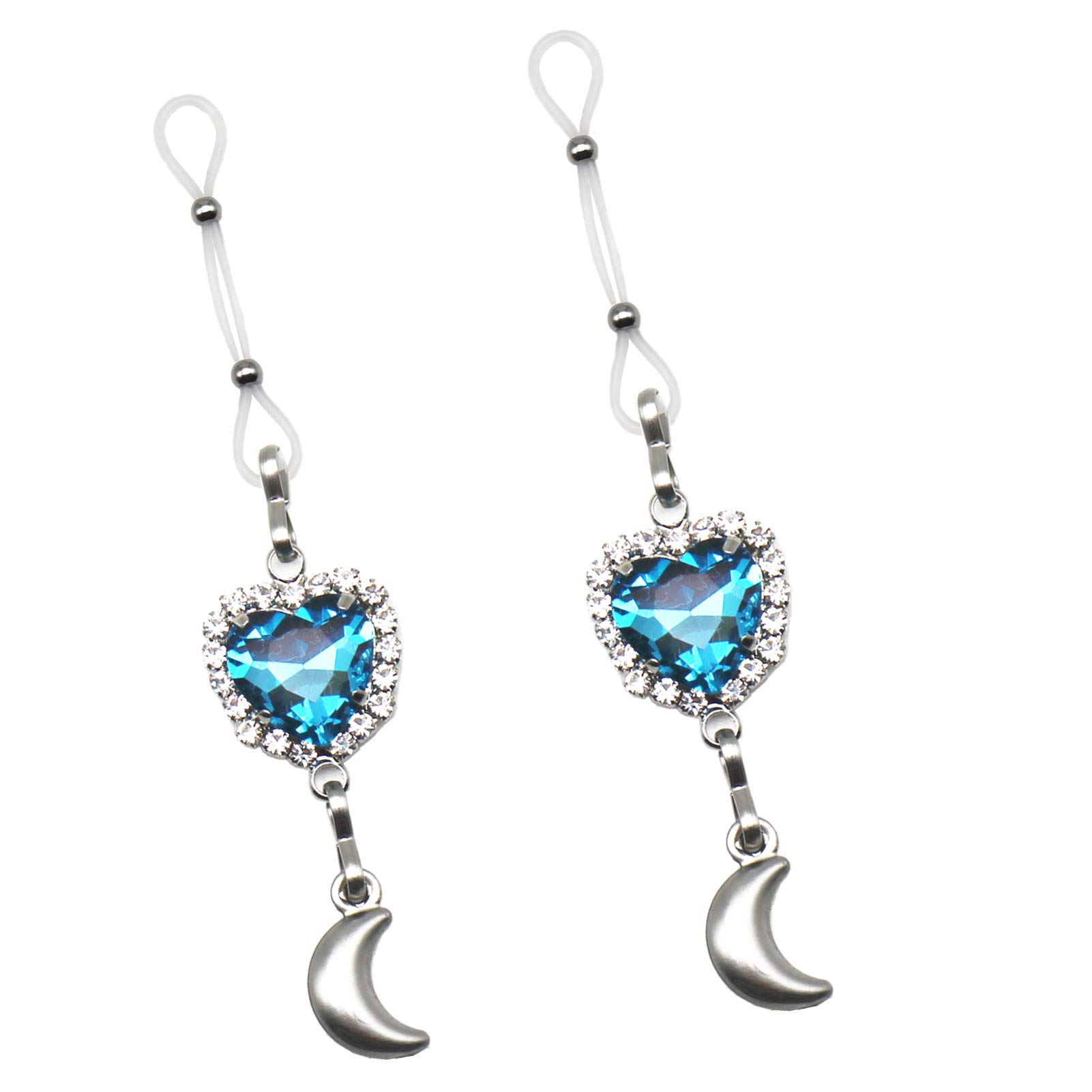 Heart Nipple Chain Noose with Adjustable Silicone Rings Rhinestone Non Piercing Nipple Body Jewelry-Blue